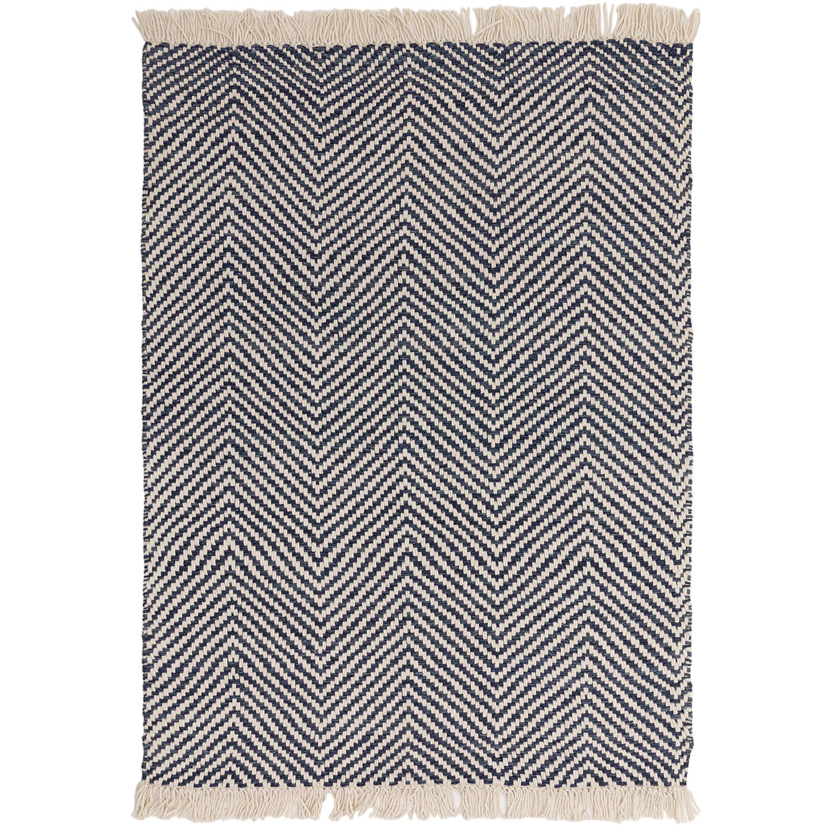Herringbone patterned rug with fringed edges on a white background