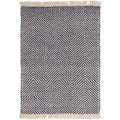 Herringbone patterned rug with fringed edges on a white background