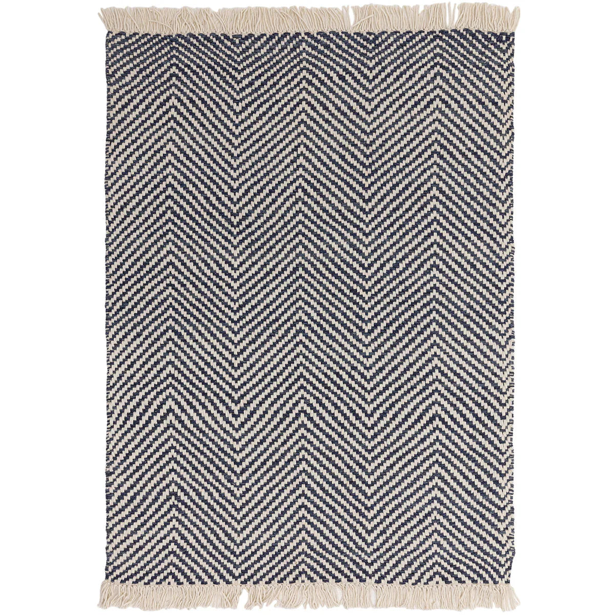 Herringbone patterned rug with fringed edges on a white background