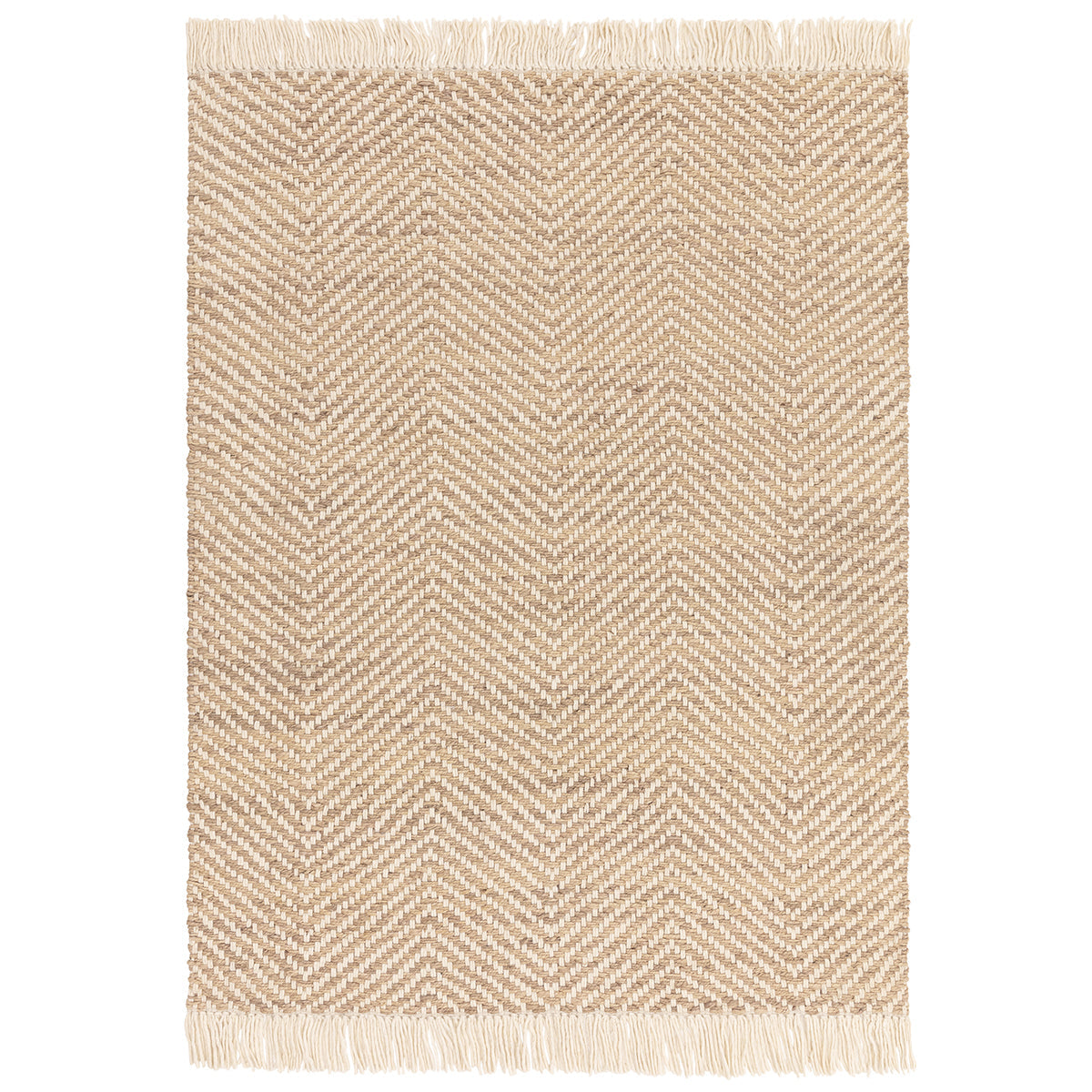 Beige woven rug with a chevron pattern on a white background