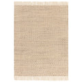 Beige woven rug with a chevron pattern on a white background