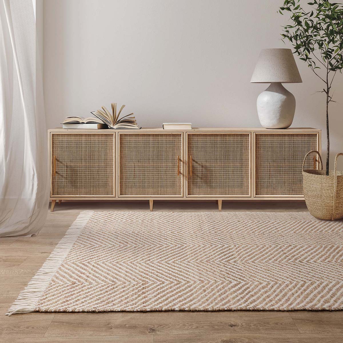 Wooden cabinet with woven doors in a room with a rug and plant