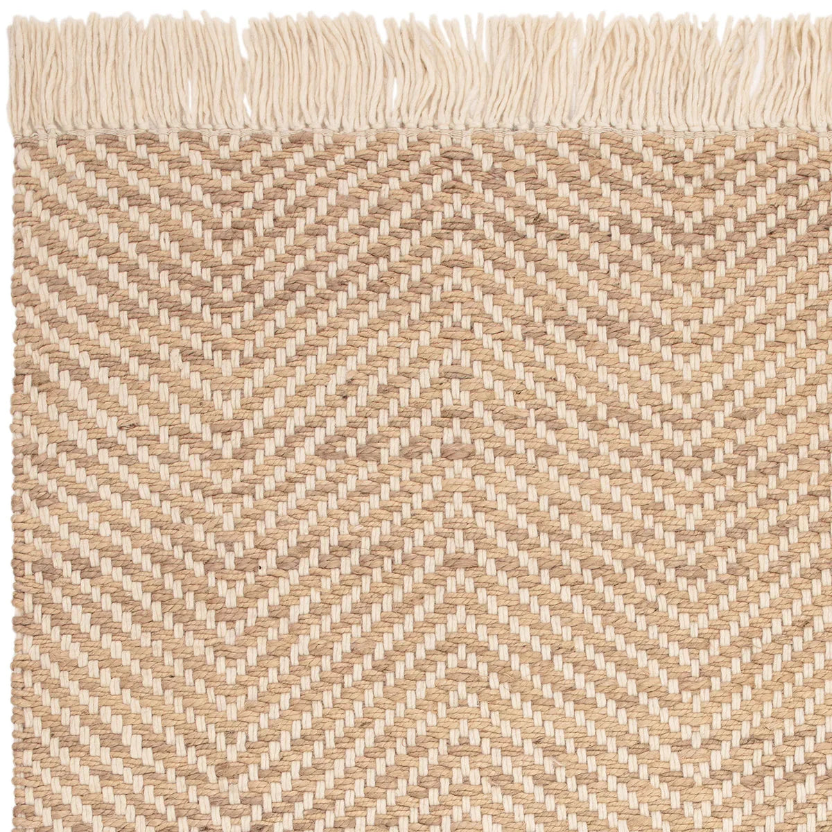Asiatic Vigo Sand Designer Rug featuring chevron geometric pattern in sand, cream and beige on natural background, hand-woven jute