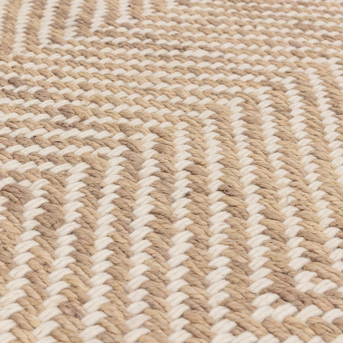 Asiatic Vigo Sand Designer Rug featuring striped braided pattern in sand beige and cream on beige background, hand-woven jute