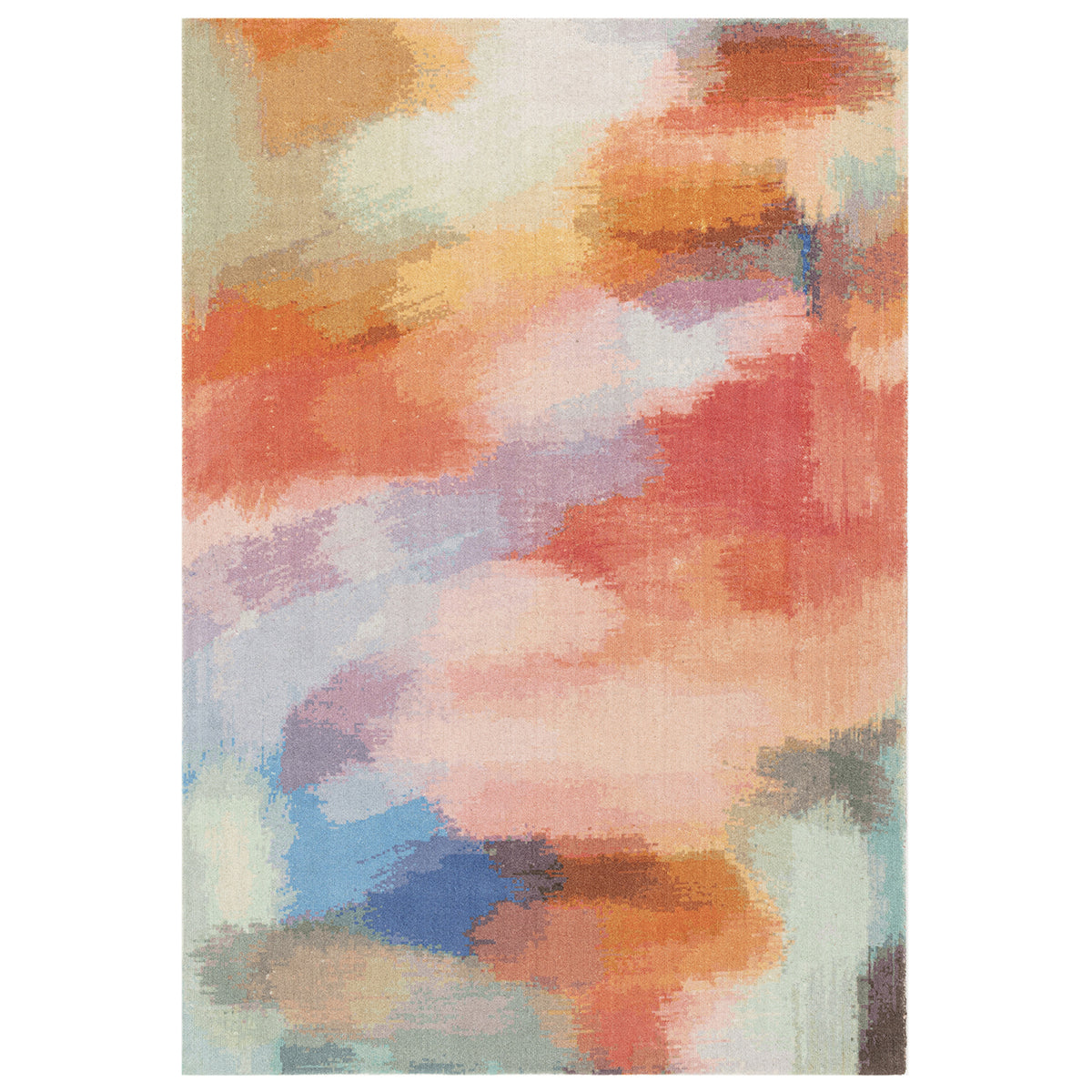 Multicolored abstract patterned rug on a white background
