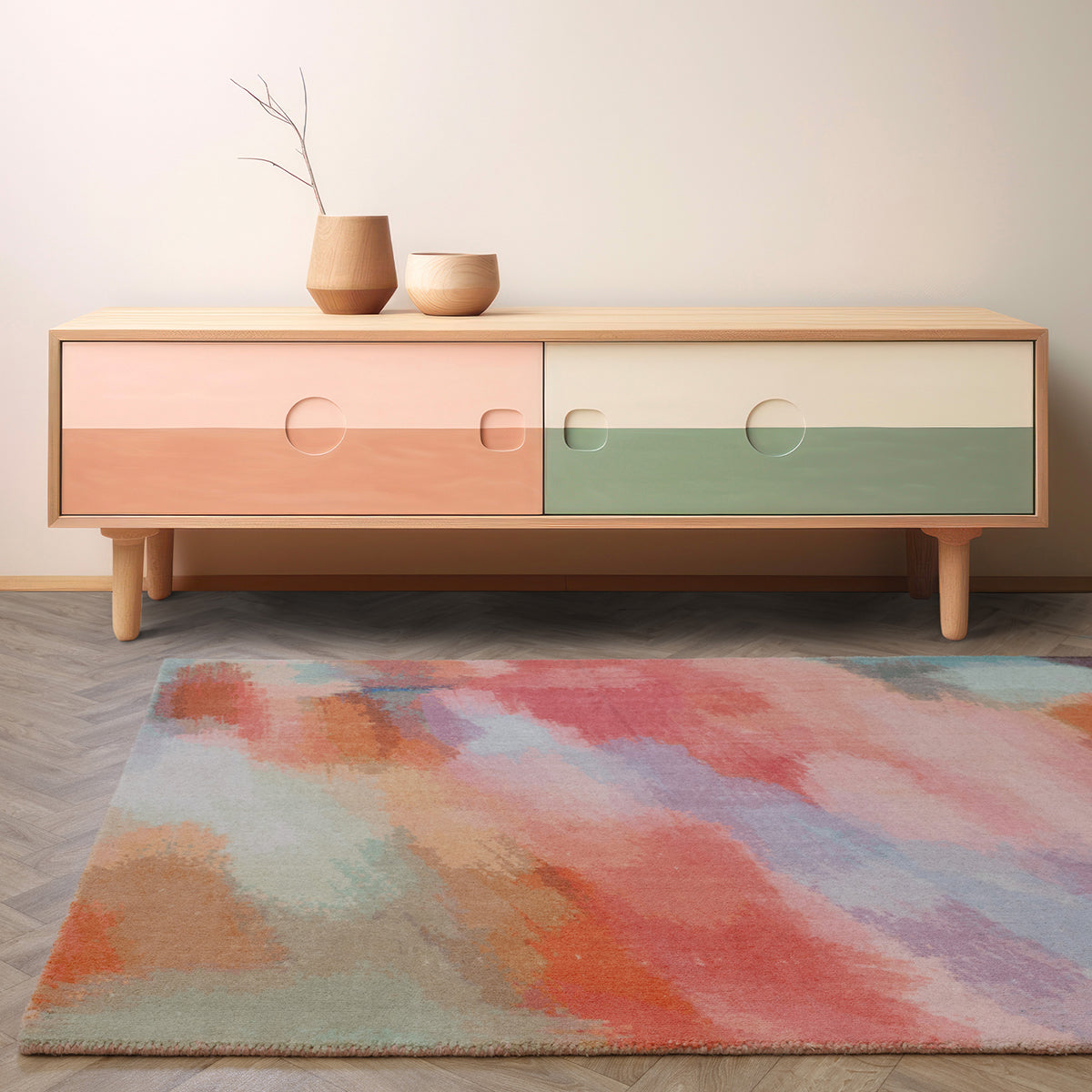 Wooden cabinet with colorful drawers next to a multicolored abstract rug on a wooden floor.