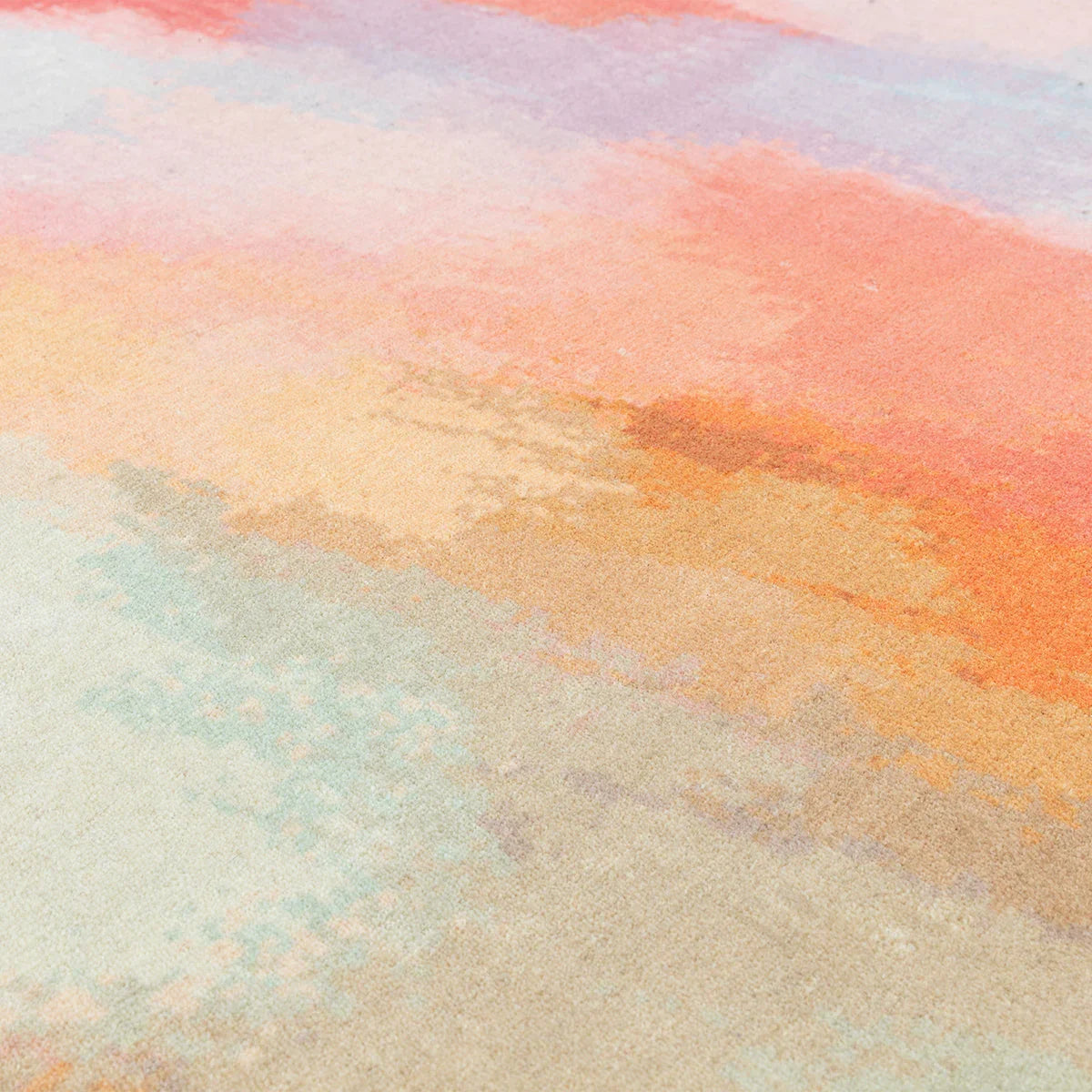 Asiatic Vision Diffuse Rug featuring abstract watercolor gradient in peach, coral, light blue and beige on cream background, hand-tufted wool