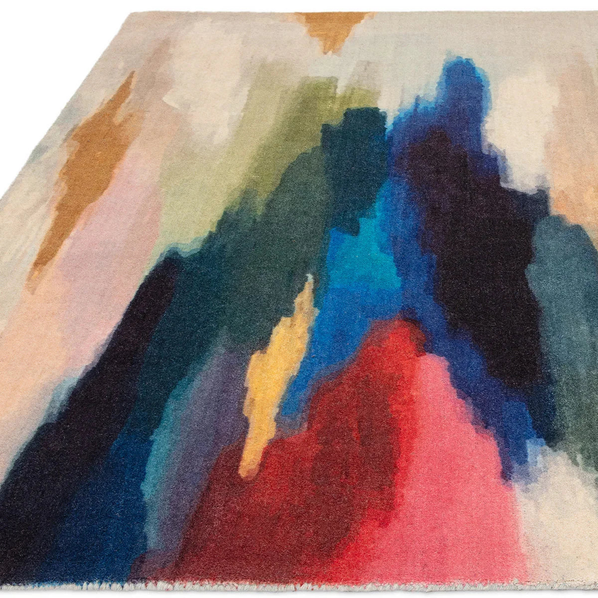Asiatic Vision Pigment Rug featuring abstract painterly pattern in navy, cobalt, teal, pink on pale beige background, hand-tufted wool