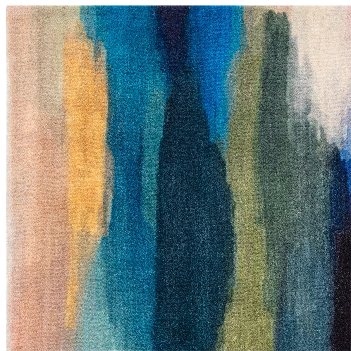 Asiatic Vision Pigment Designer Rug featuring abstract painterly vertical blocks in peach, coral, teal, azure, navy and olive on cream background, hand-tufted wool