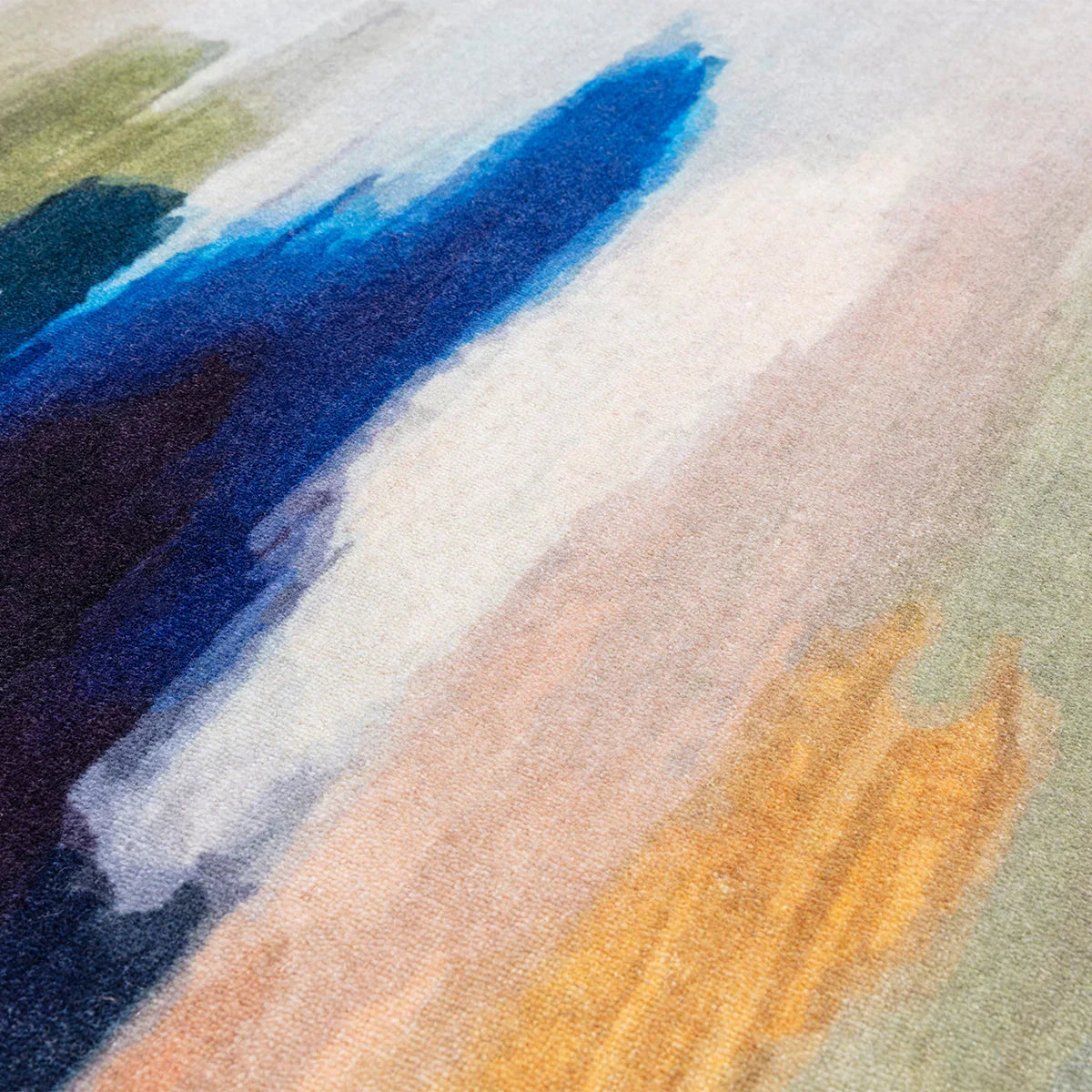 Asiatic Vision Pigment Rug featuring abstract painterly pattern in navy blue, cobalt blue, cream and ochre on beige background, hand-tufted wool