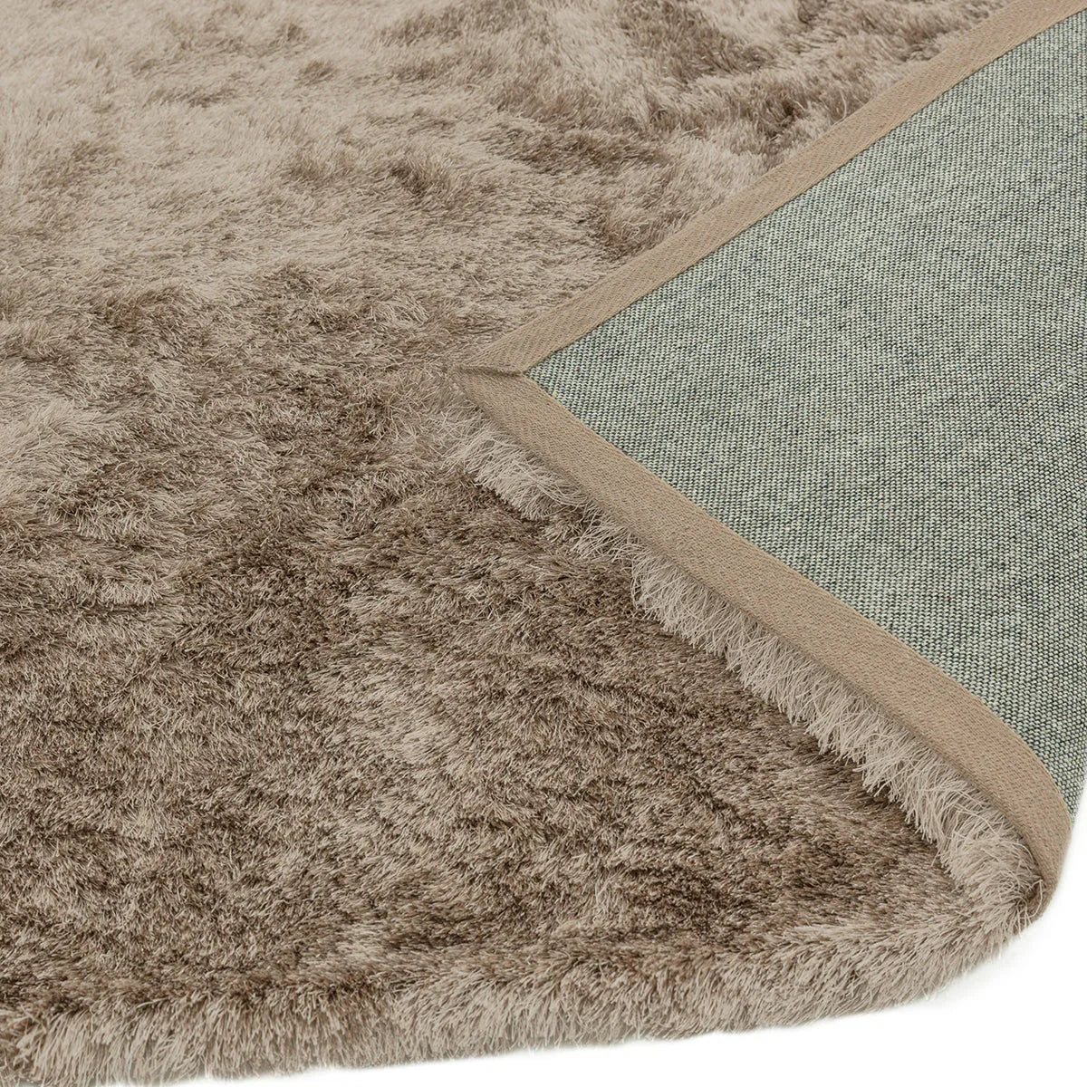 Asiatic Whisper Mocha Rug featuring shaggy pile in mocha brown with sage-green backing, hand-tufted wool