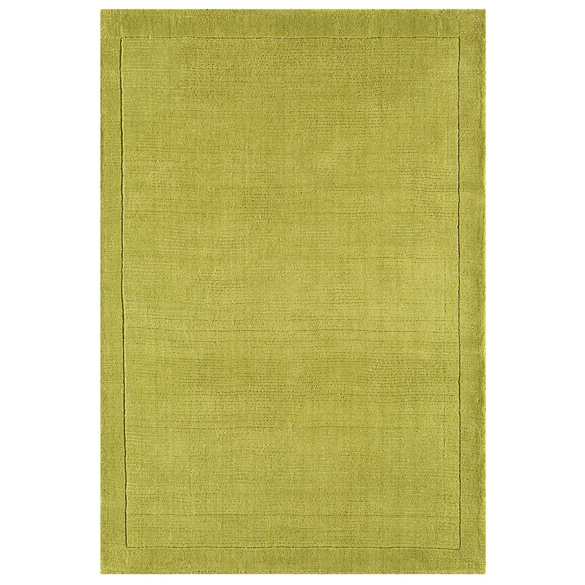 A rectangular green area rug with a subtle tone-on-tone border design and a soft, textured finish.