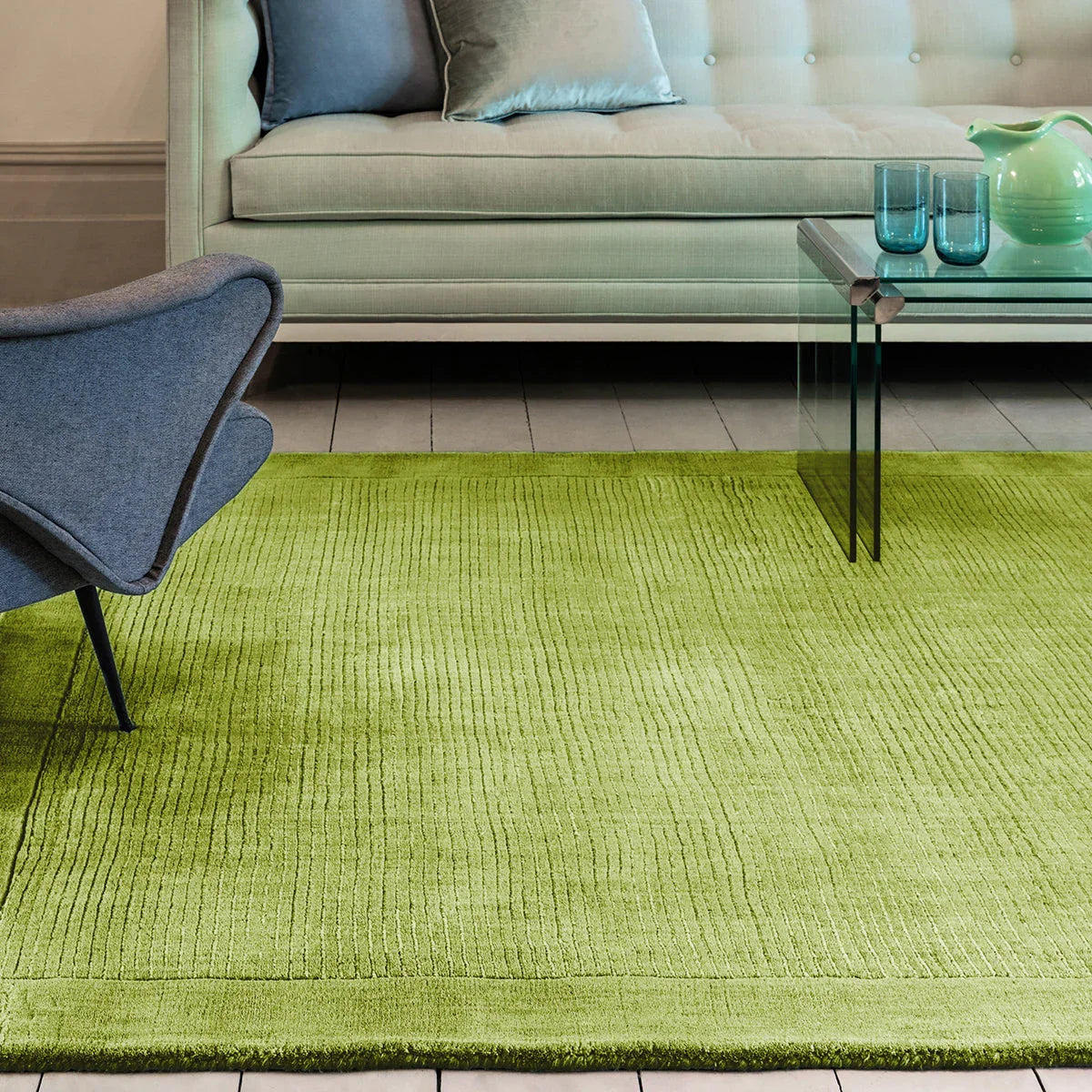 Asiatic York Green Designer Rug featuring linear striped pattern in lime green, olive and sage on cream background, hand-tufted wool