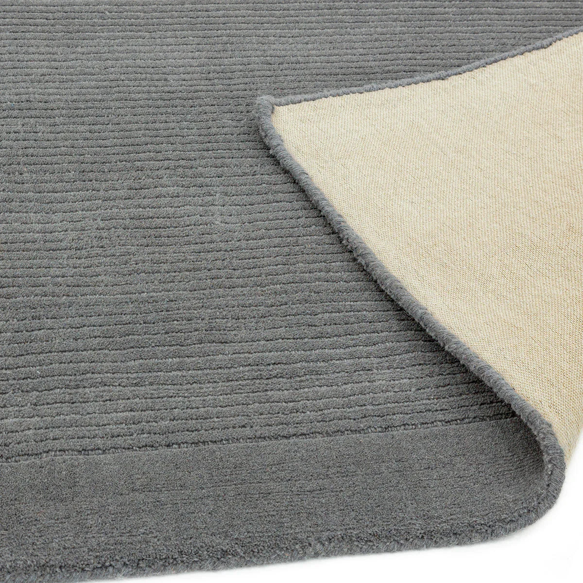 Asiatic York Grey Runner featuring ribbed texture in slate grey, charcoal grey and cream on white background, power-loomed wool