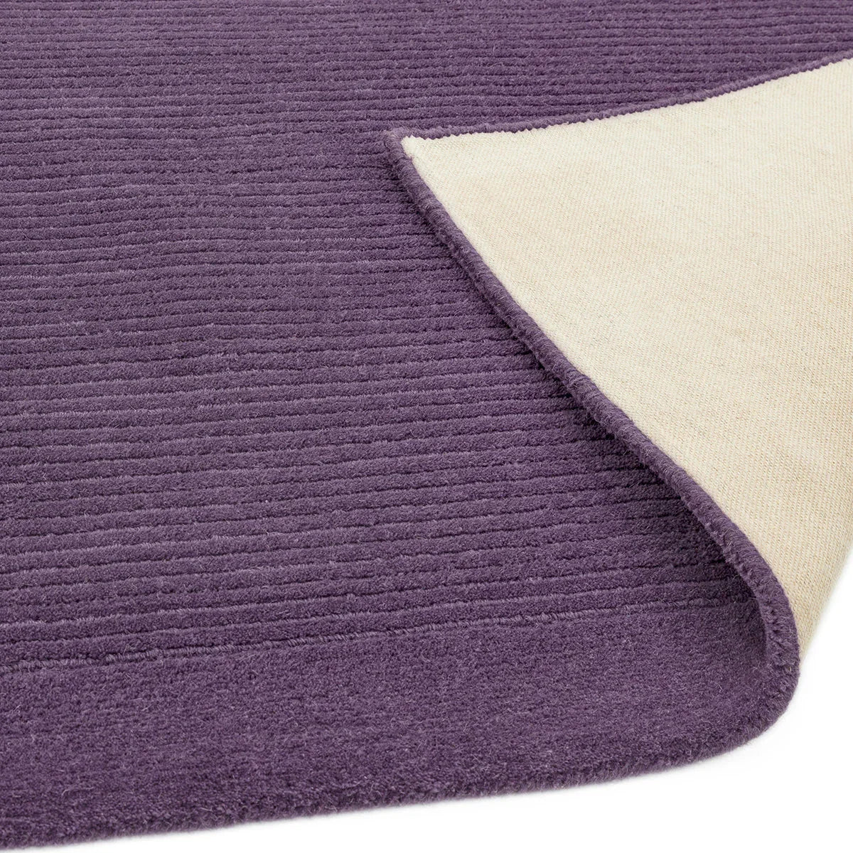 Asiatic York Purple Runner Designer Rug with ribbed texture in purple, cream underside on white background tufted wool