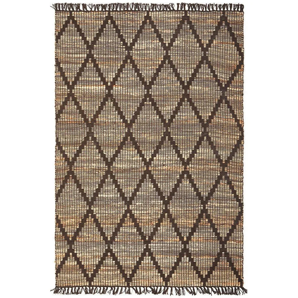 Bali Mocha Rug featuring geometric diamond lattice in dark chocolate brown on natural tan background, hand-woven jute