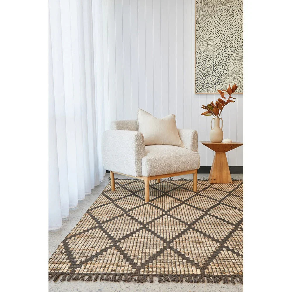 Bali Mocha Rug featuring diamond lattice in mocha brown and natural beige on tan background, hand-woven jute