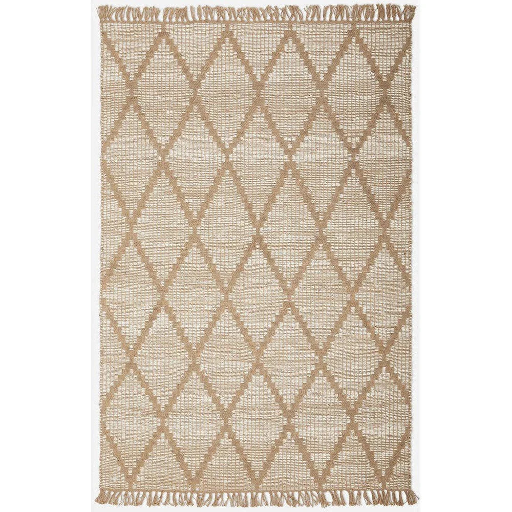 Bali Natural Rug featuring a diamond lattice pattern in beige and sand on natural background, handwoven.