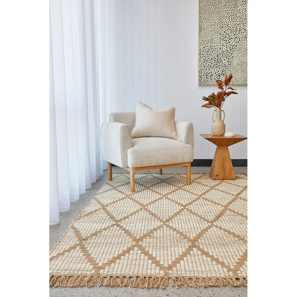 Bali Natural Rug featuring geometric diamond lattice in beige, tan and cream on cream background, handwoven jute rug