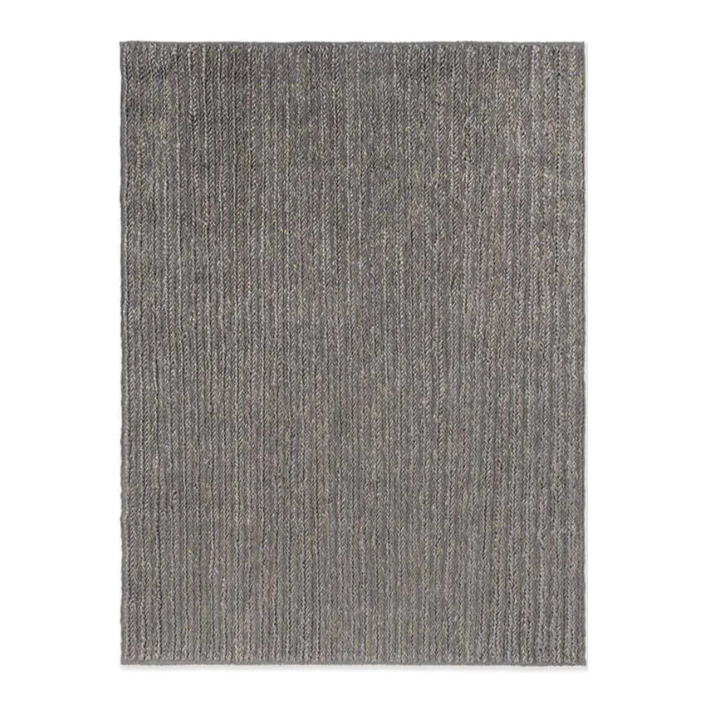 Brink & Campman Craft Plait Stone rug featuring braided texture in grey, charcoal and beige on white background, hand-tufted wool
