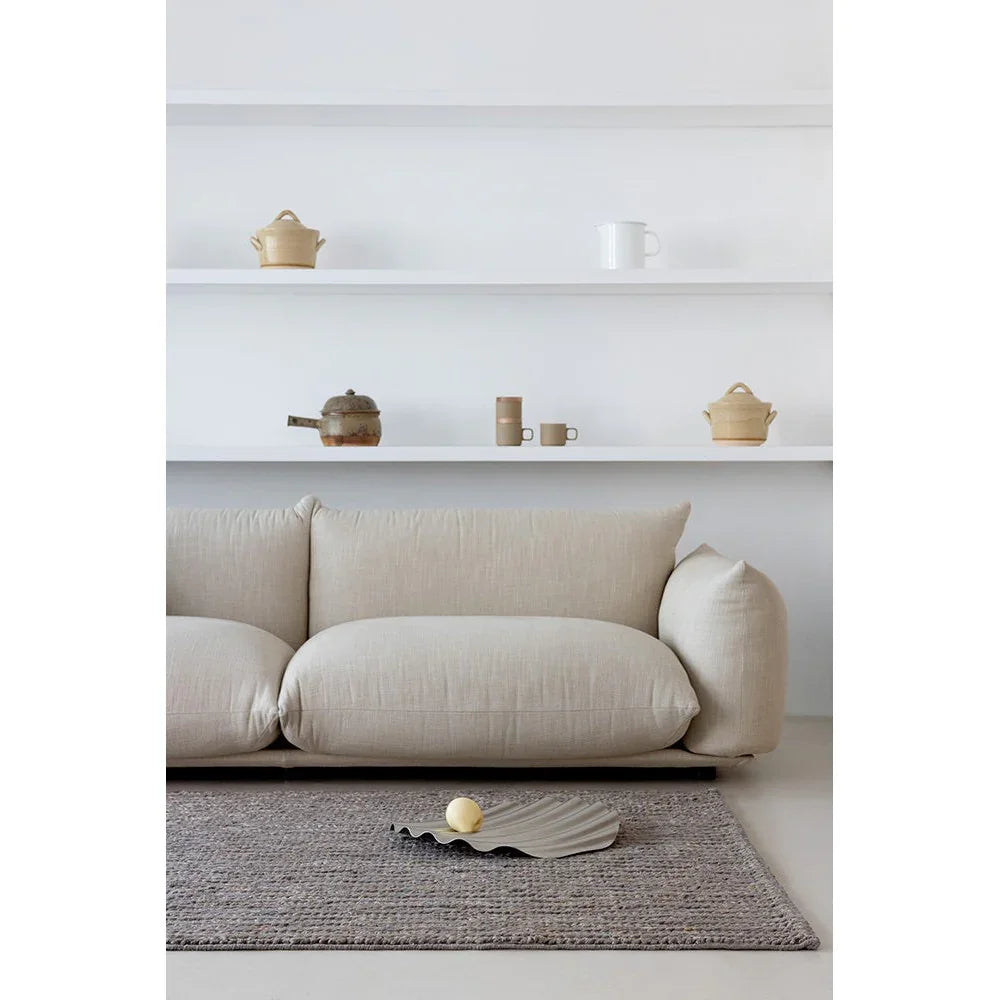 Brink & Campman Craft Plait Stone rug featuring plait weave in stone, taupe and grey on beige background, hand-loomed wool