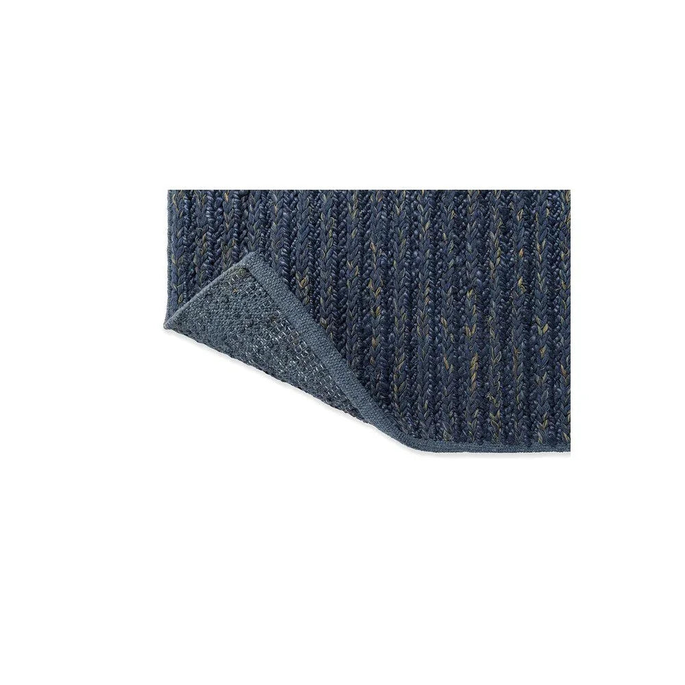 Brink & Campman Craft Plait Denim Designer Rug featuring plaited weave in navy, denim and slate on white background, woven wool