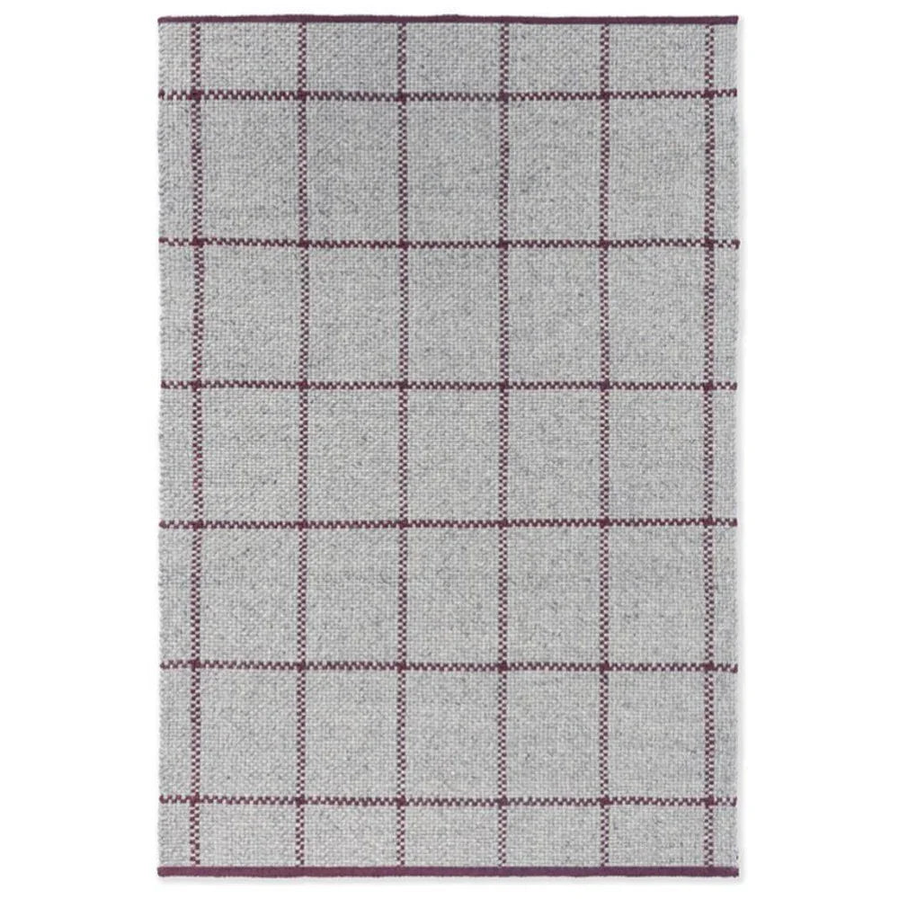 Brink & Campman Craft Matter Check Ash Rug featuring checkered grid in ash grey and burgundy on light grey background, hand-tufted wool