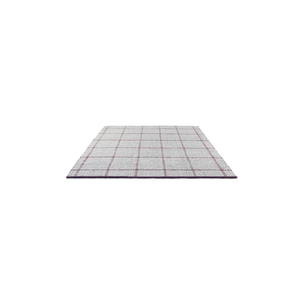 Brink & Campman Craft Matter Check Ash Rug featuring checkered pattern in cream, burgundy on ash background, machine-woven wool blend