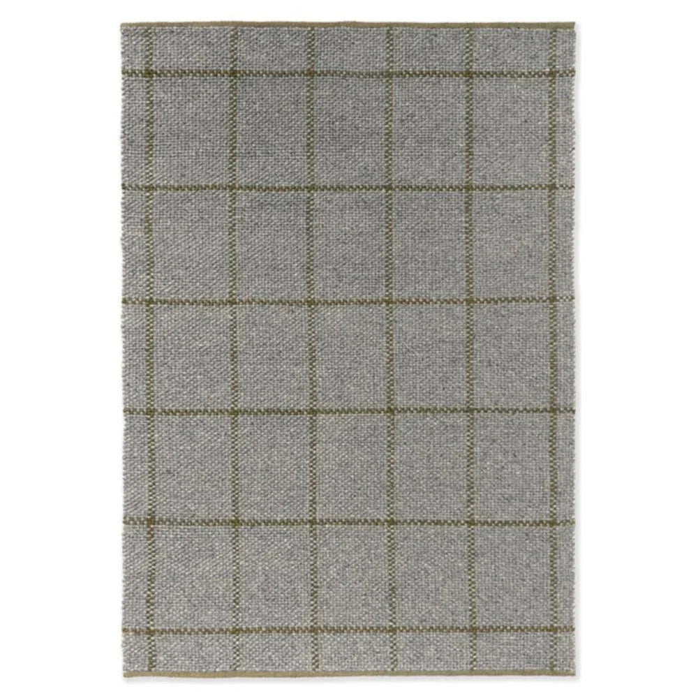 Brink & Campman Craft Matter Check Slate rug featuring grid pattern in slate grey and gold on light slate background, hand-tufted wool