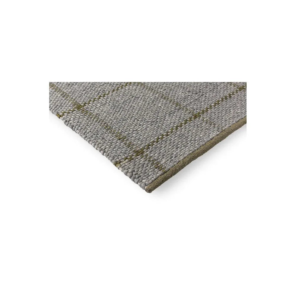 Brink & Campman Craft Matter Check Slate Designer Rug featuring check pattern in slate grey with olive lines on light grey background, hand-tufted wool