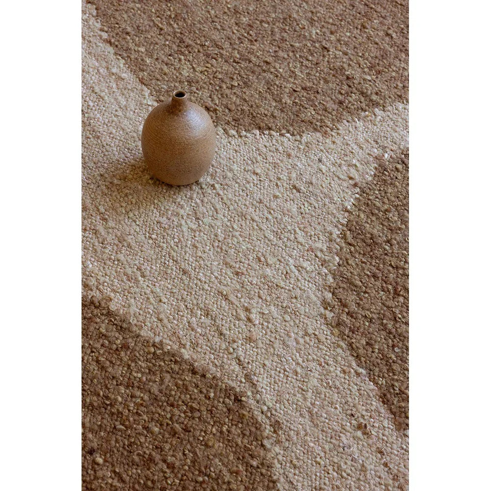 Brink & Campman Craft Fundament Caramel Rug featuring patchwork shag in caramel, beige and taupe on warm beige background, hand-tufted wool