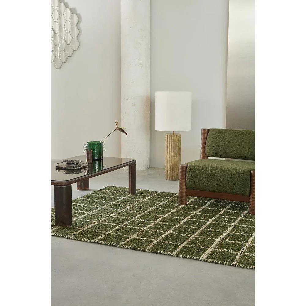B&C Craft Jack Hunter Green Designer Rug featuring grid pattern in hunter green and ivory on light grey background, hand-tufted wool