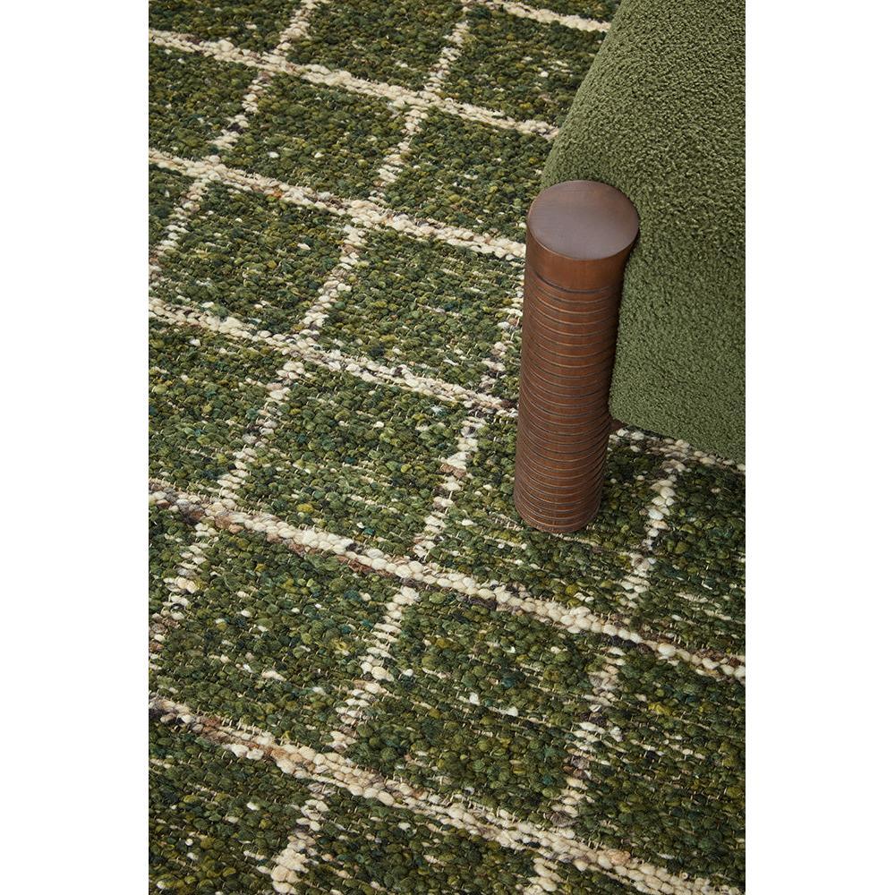 B&C Craft Jack Hunter Green Designer Rug featuring a geometric grid pattern in hunter green, olive and cream on deep green, hand-tufted wool