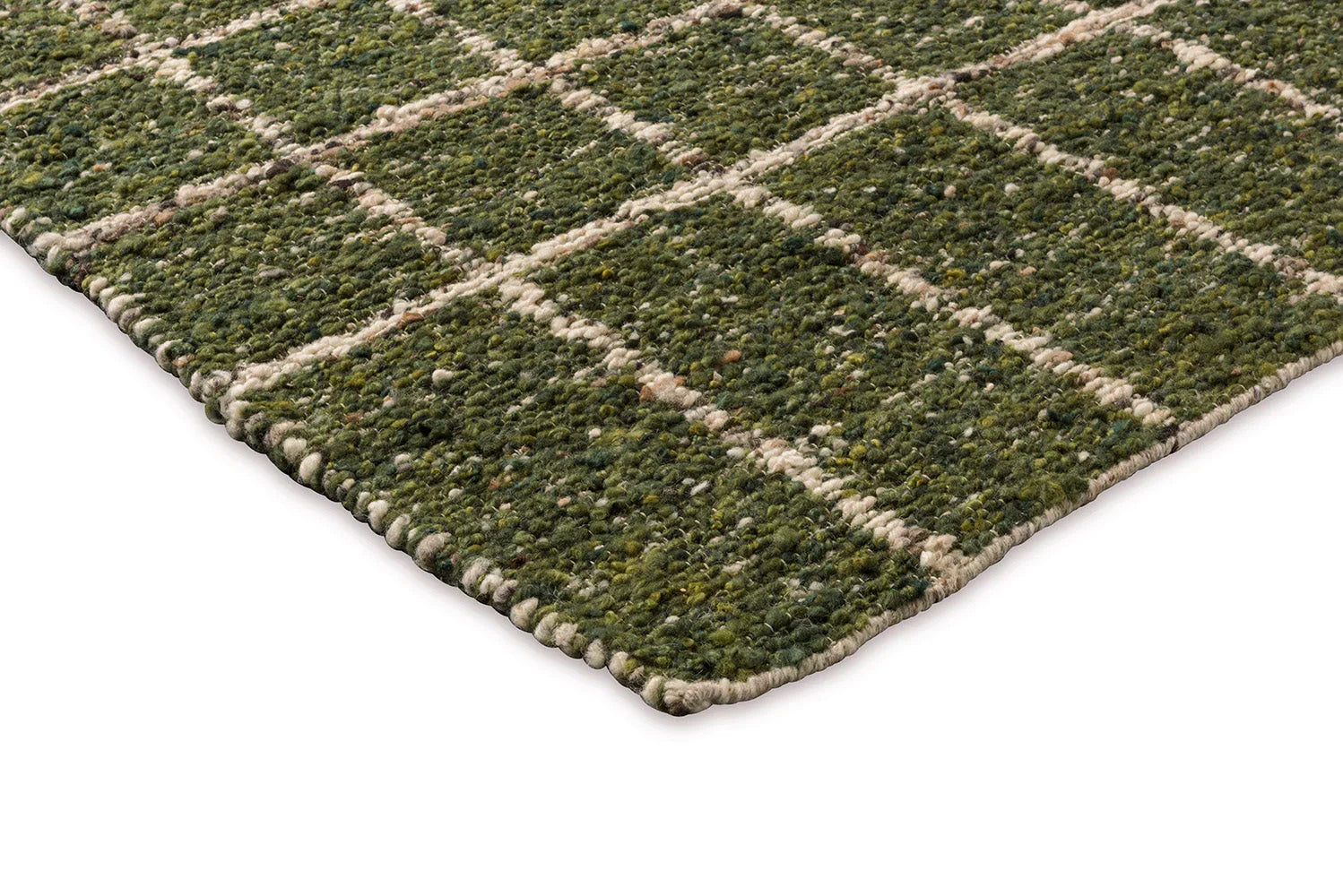 B&C Craft Jack Hunter Green Rug featuring a green lattice pattern in hunter, olive and cream on white, hand-tufted wool