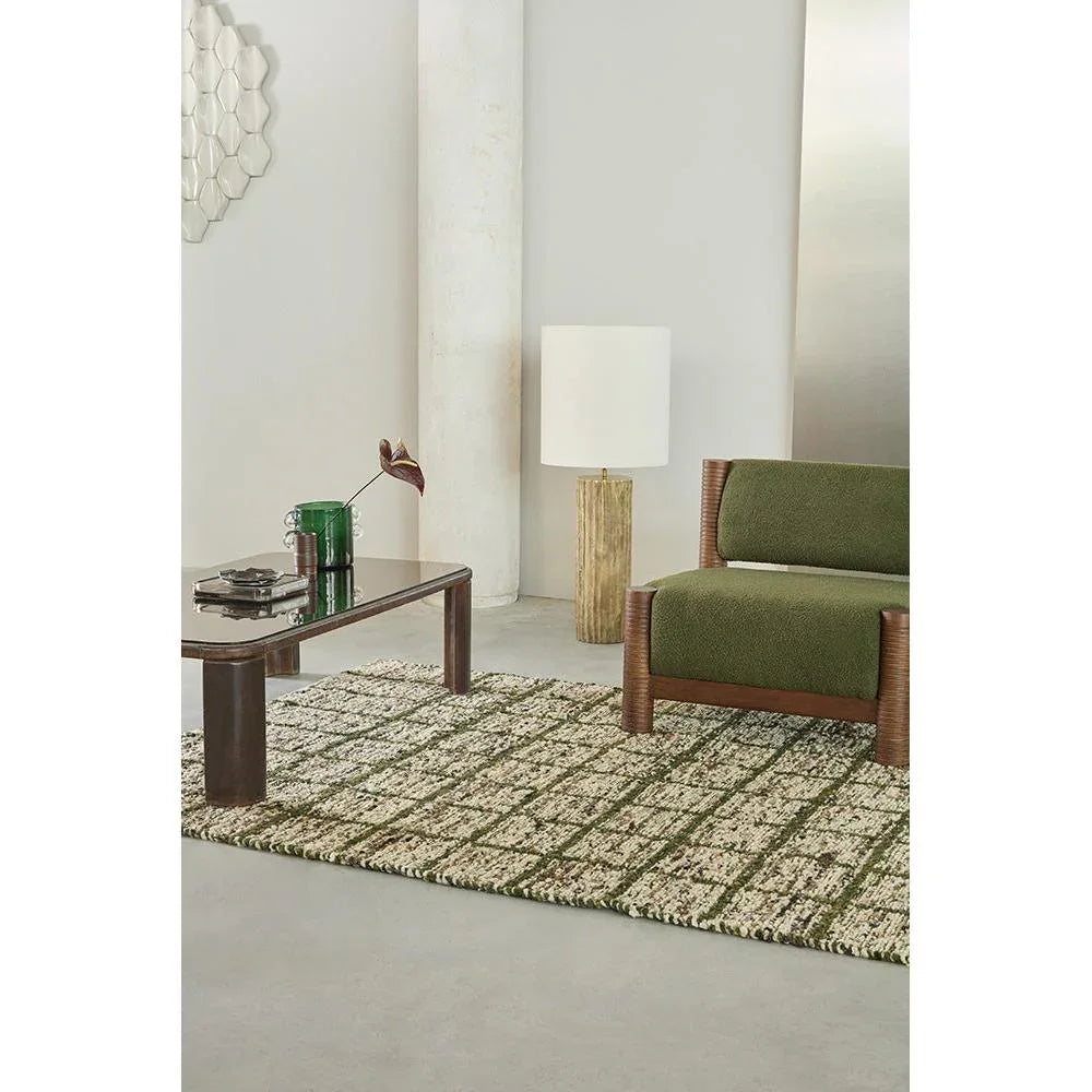 B&C Craft Jack Hunter Green Designer Rug featuring checkered plaid in hunter green, cream on light grey, hand-tufted wool