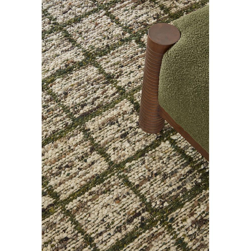 B&C Craft Jack Hunter Green Designer Rug featuring a textured grid pattern in hunter green, cream and olive on cream background, hand-tufted wool