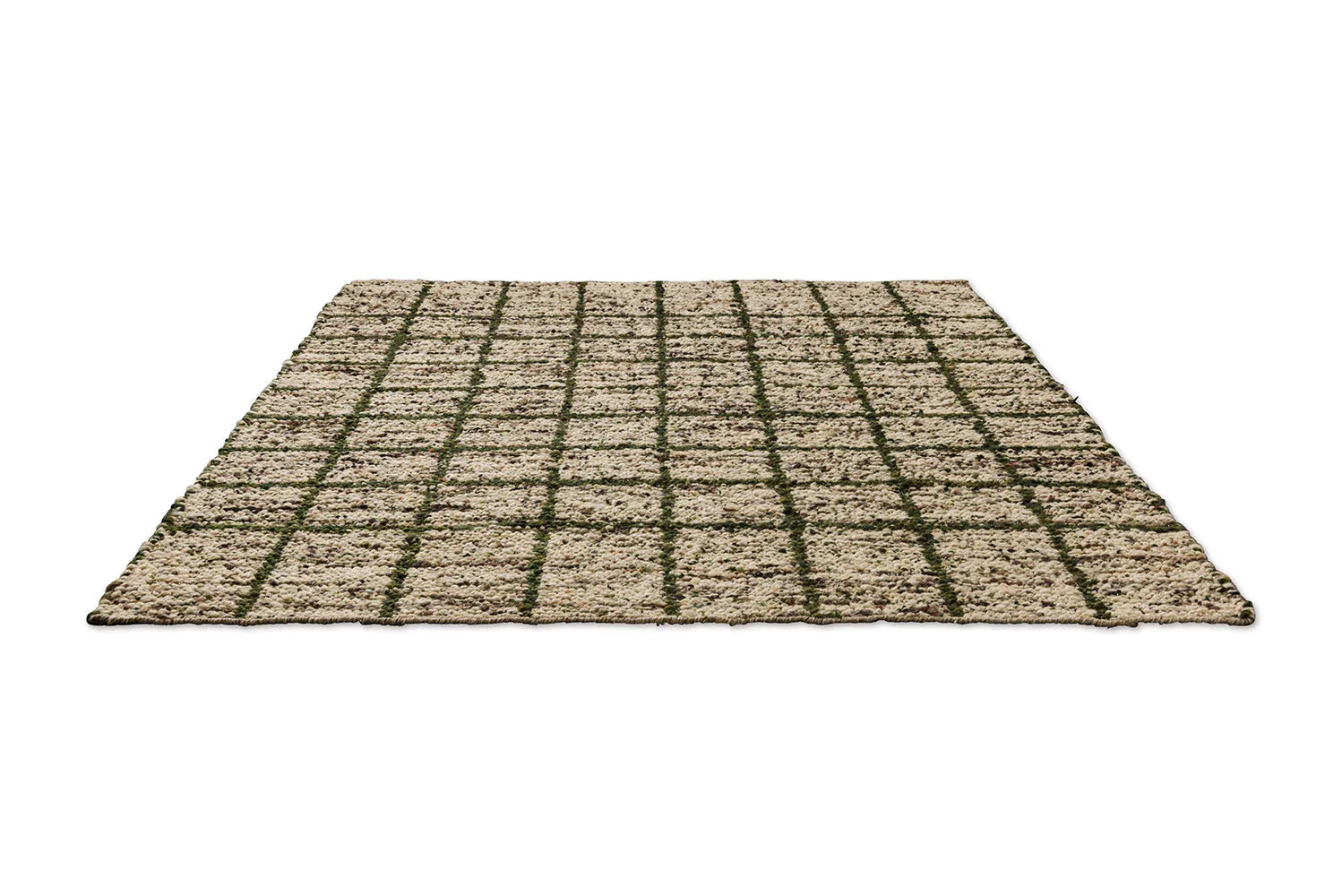 B&C Craft Jack Hunter Green Rug featuring a shaggy grid pattern in hunter green and beige on a light tan background, hand-tufted wool