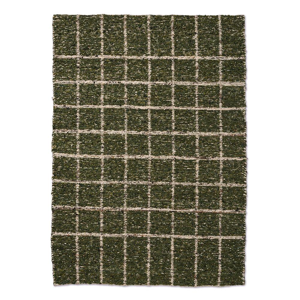 Brink and Campman Craft Jack Hunter Green handwoven wool rug featuring irregular grid pattern with rich hunter green blocks outlined by natural cream gridlines in reversible flatweave construction
