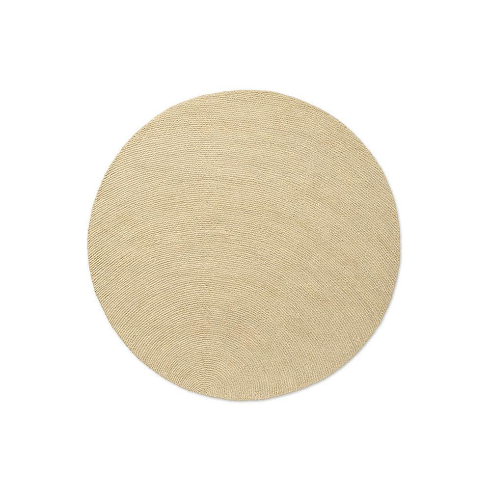 Brink and Campman Decor Echo Sand round hand-tufted wool rug featuring sculptural raised concentric circles rippling outward in warm sandy beige with textural depth
