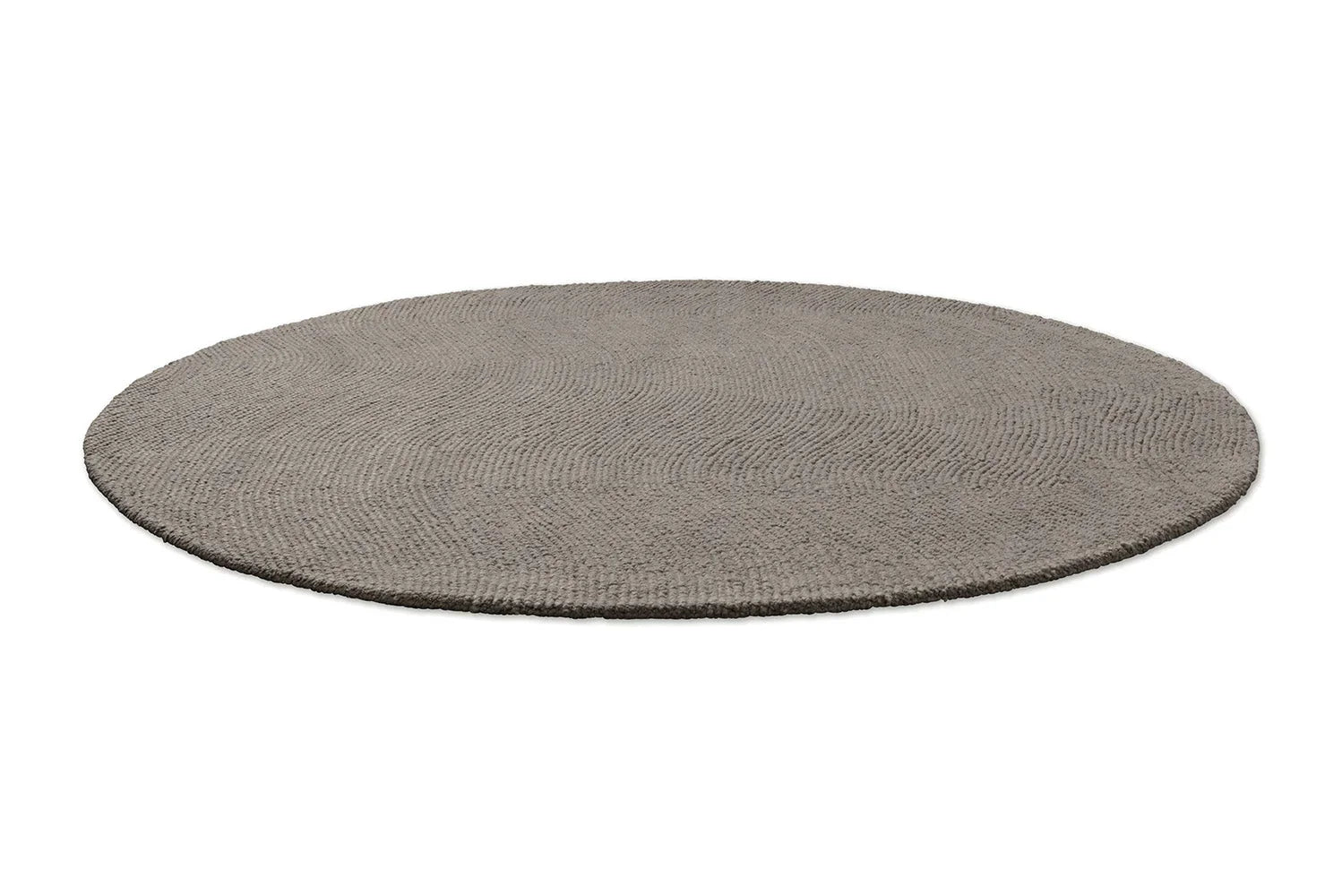 B&C Decor Echo Pebble Round Rug featuring textured concentric rings in taupe, beige and light brown on cream background, hand-tufted wool