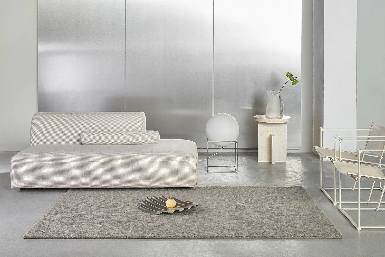 B&C Decor Echo Pebble Designer Rug featuring subtle textured pattern in cream, pebble beige and taupe on light grey background, hand-tufted wool