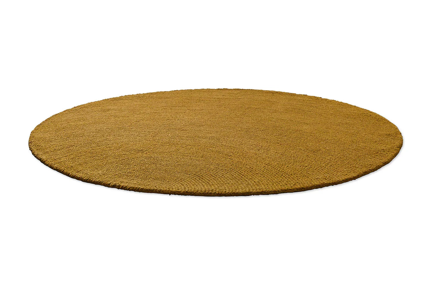 B&C Decor Echo Ochre Round Rug featuring solid woven texture in ochre on white background, hand-woven jute