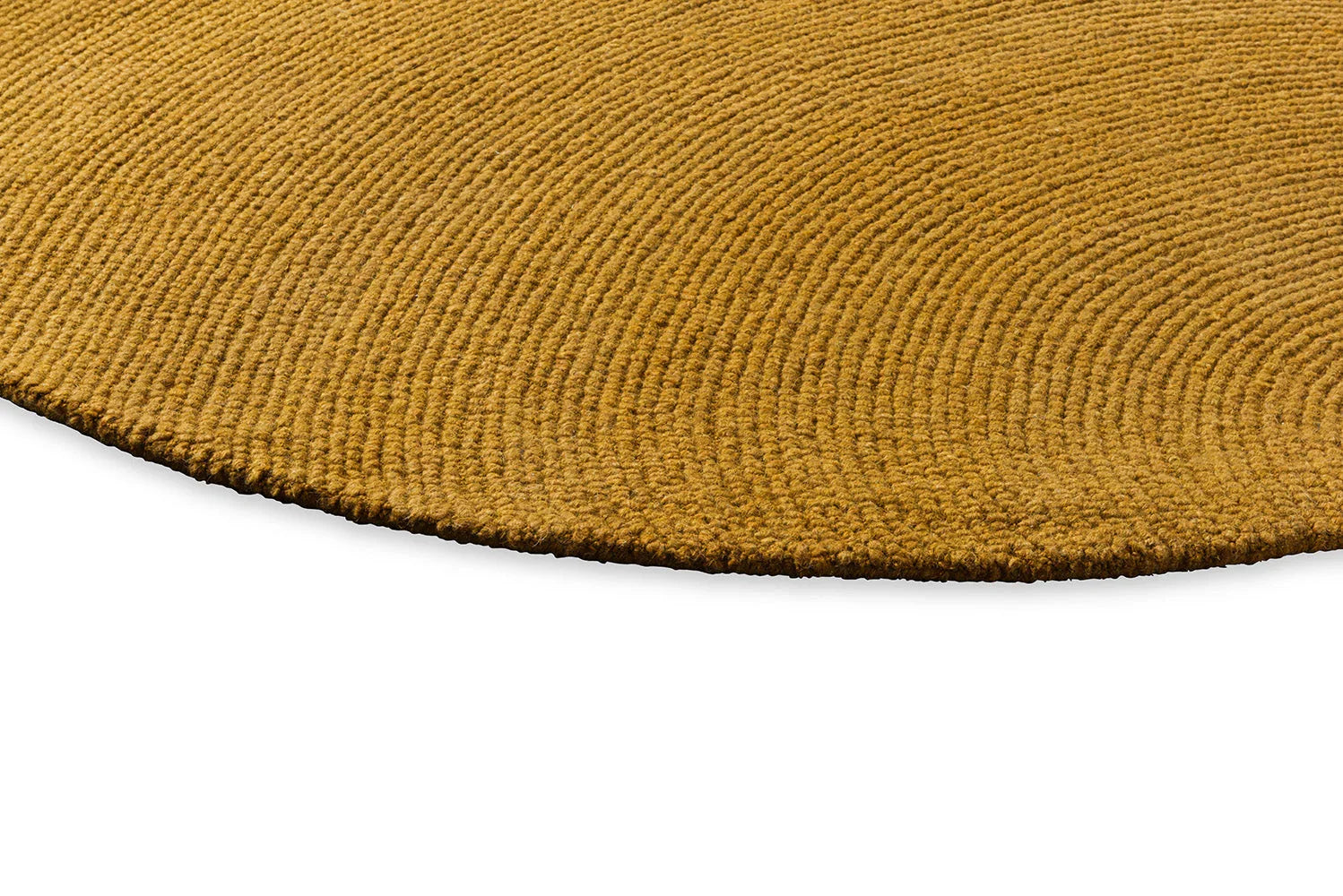B&C Decor Echo Ochre Round Rug with ribbed concentric circle pattern in ochre/amber on white background, hand-tufted wool