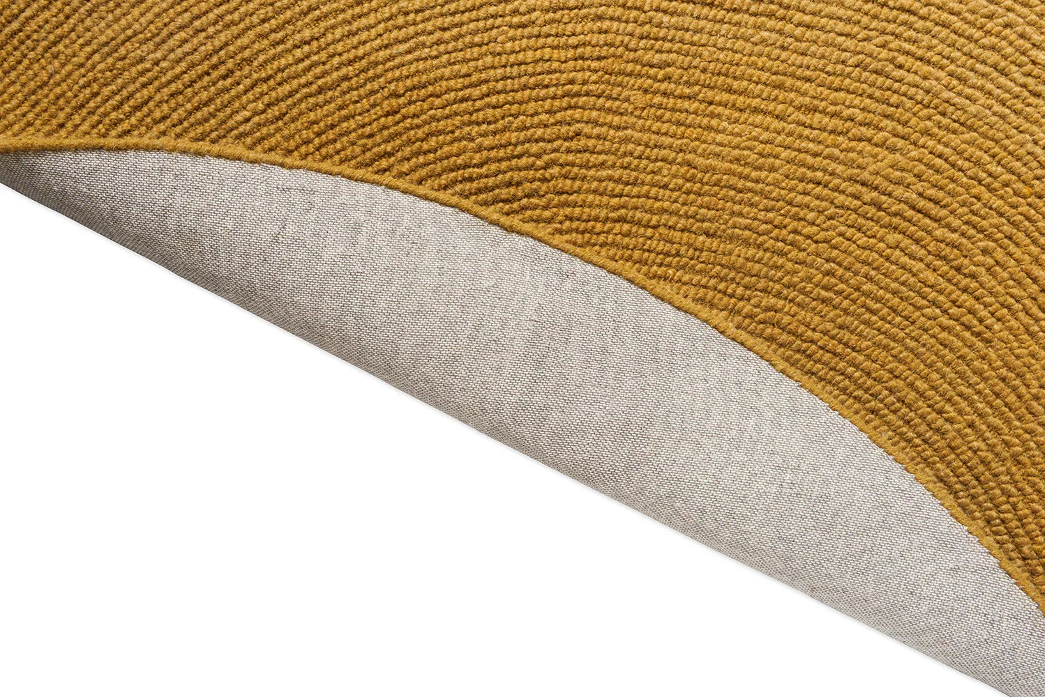 B&C Decor Echo Ochre Round Rug featuring textured looped pile in mustard ochre on beige backing, hand-tufted wool