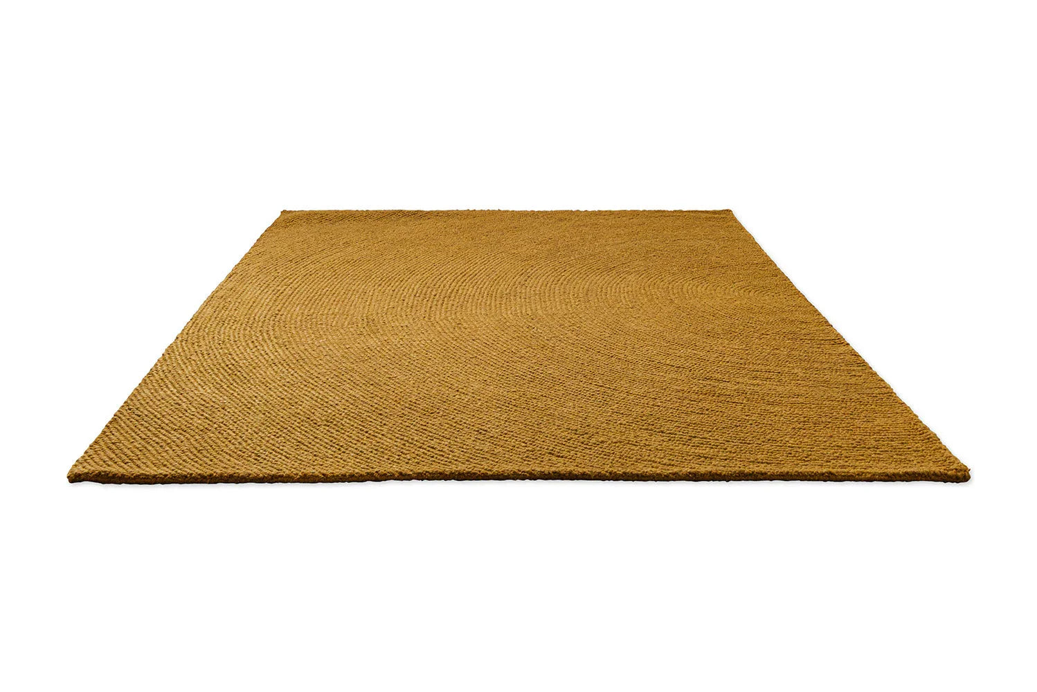 B&C Decor Echo Ochre Designer Rug featuring circular woven pattern in ochre/honey on white background, handwoven jute