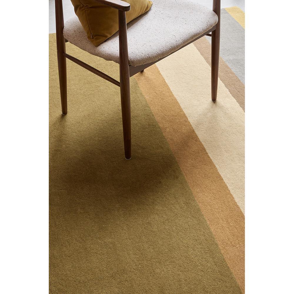 B&C Decor Linear Earth Designer Rug featuring linear stripe in olive, sage, camel, tan and cream on beige background, hand-tufted wool