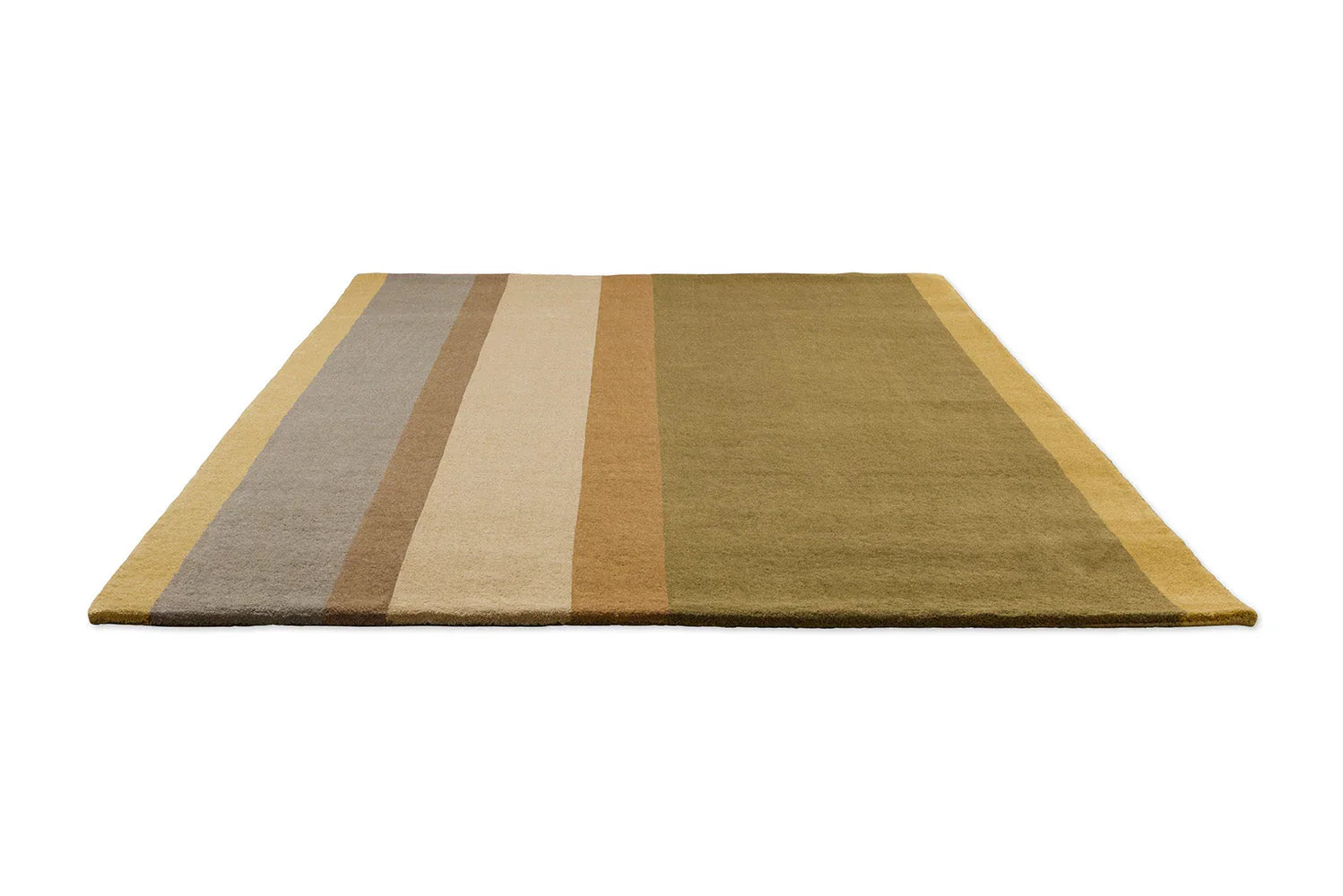 B&C Decor Linear Earth Rug featuring striped pattern in ochre, taupe, beige, sand and olive on white background, hand-tufted wool