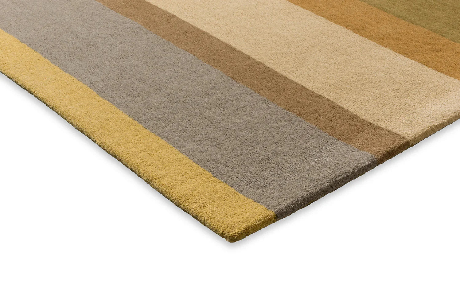 B&C Decor Linear Earth Rug featuring linear stripe pattern in mustard yellow, taupe, beige, brown and sage on cream background, hand-tufted wool