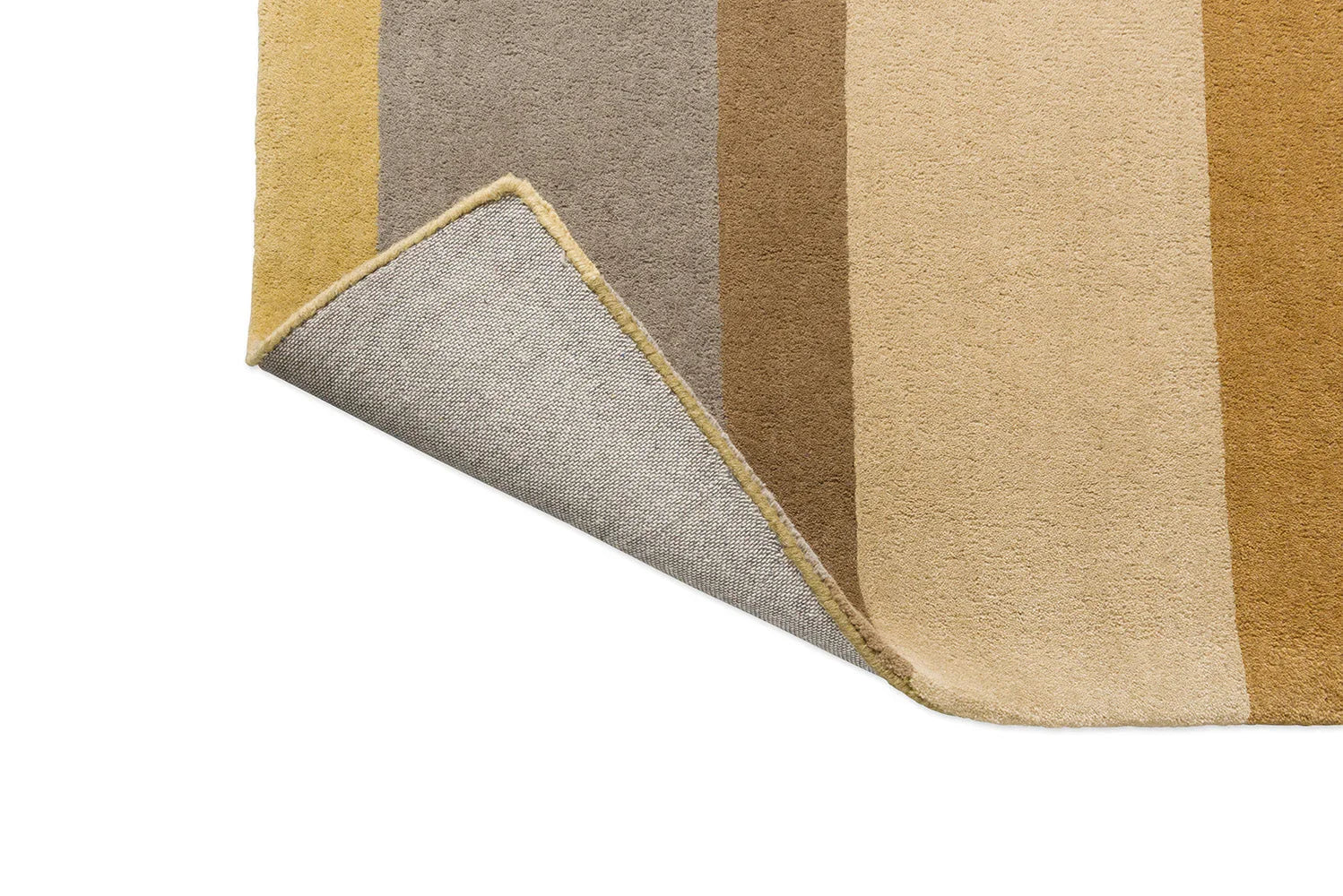 B&C Decor Linear Earth Rug featuring linear stripe pattern in mustard, taupe, beige and brown on white background, hand-tufted wool