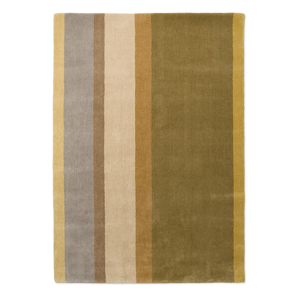 Brink and Campman Decor Linear Earth hand-tufted wool rug featuring bold vertical colour blocks in golden mustard yellow, soft grey, warm taupe, cream, golden tan, and rich olive green with earthy natural palette
